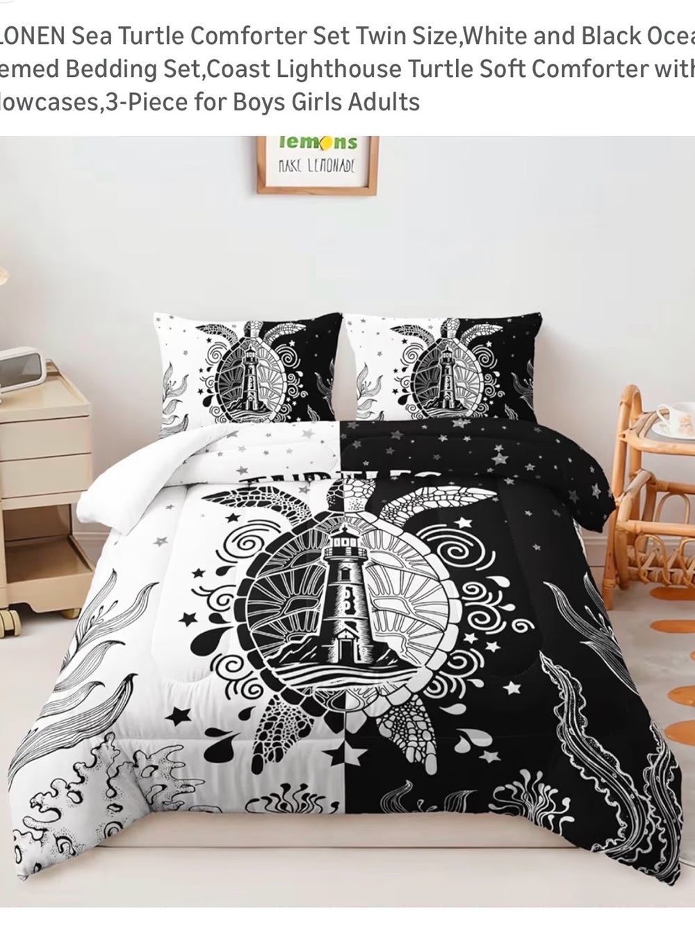 Amazon Essentials Black and White Sea Turtle Lighthouse Comforter Set